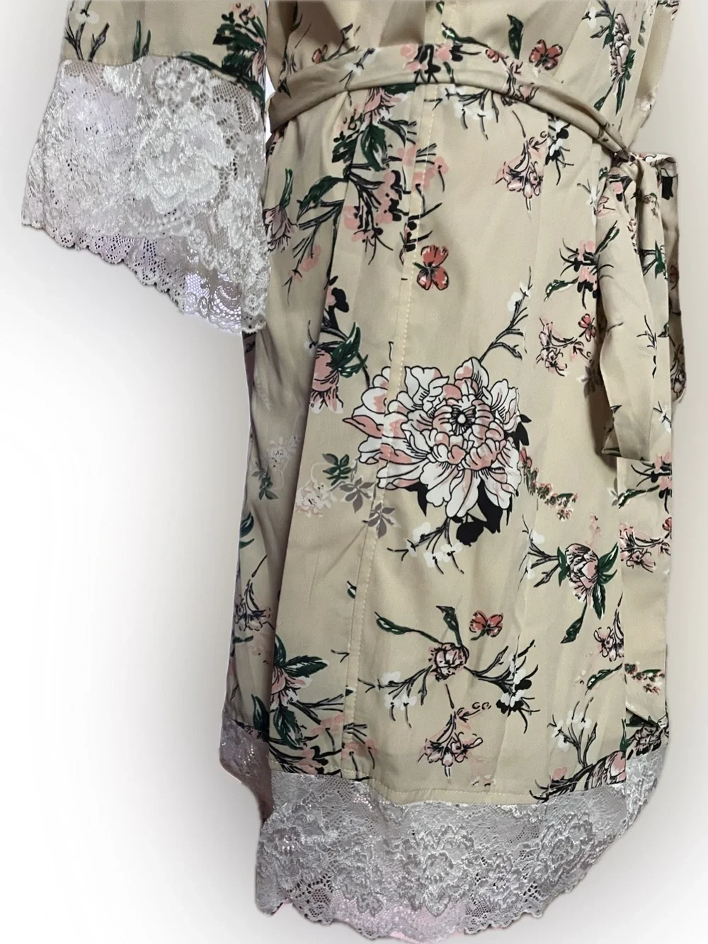 Beautiful Silken Floral Rose & Cream wrap robe with green accents, & lace trim
